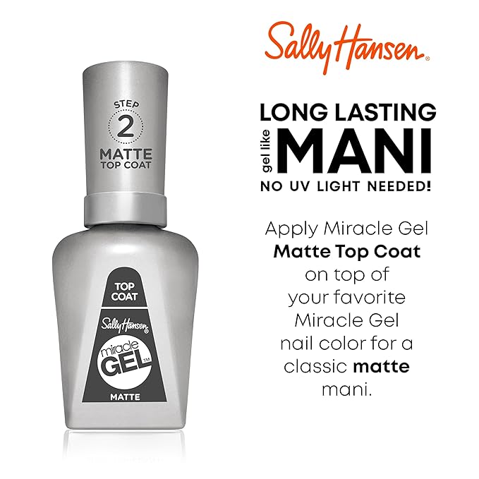 Sally Hansen Miracle Gel™, Matte Top Coat 102, Long Lasting, Gel-Like Formula, No UV Lamp Needed, Clear Nail Polish