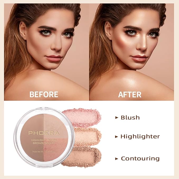 PHOERA Foundation, PHOERA Contour Palette,Shades with Highlighter & peach+Buff Beige+#002)