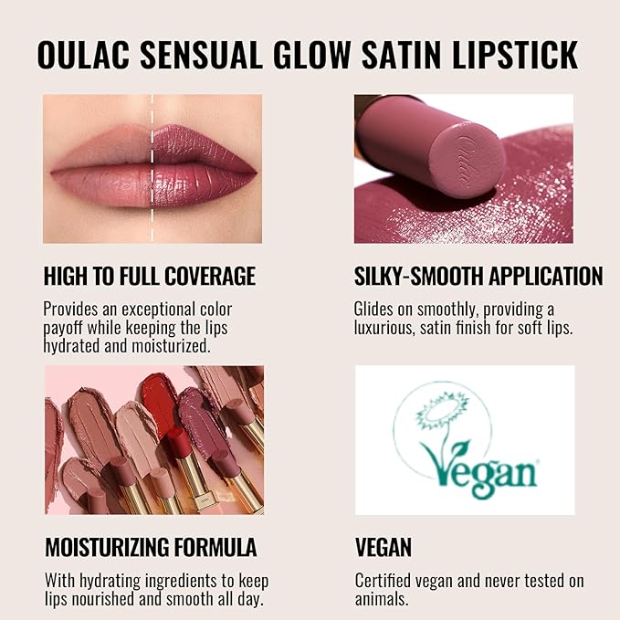 Oulac Color Rich Satin Lipstick - Greyish Brown Full Coverage Lip Color, Creamy Silky-Smooth, Moisturizing, Satin Matte Finish, Infused With Shea Butter, Vegan & Clean Beauty, 4g, SG12 Boundless