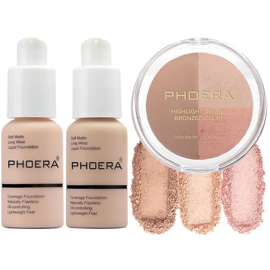 PHOERA Foundation, PHOERA Contour Palette,Shades with Highlighter & Contour/Porcelain+ Nude+#001)