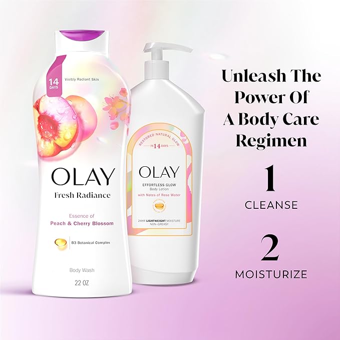 Olay Body Wash for Women, Fresh Radiance, Refreshing & Renewing, Made with Plant Based Cleansers, B3 Botanical Complex, For All Skin Types, Peach & Cherry Blossom Scent, 22 fl oz (Pack of 4)