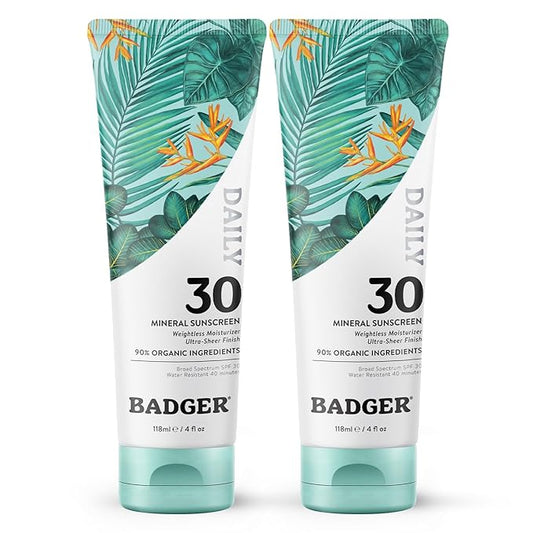 Badger Mineral Daily Sunscreen with Zinc Oxide, Organic Sunscreen Moisturizer with SPF 30, Hydrating Everyday Sunscreen Lotion, Vegan, Gluten Free & Unscented Body Sunscreen, 4 fl oz (2 Pack)
