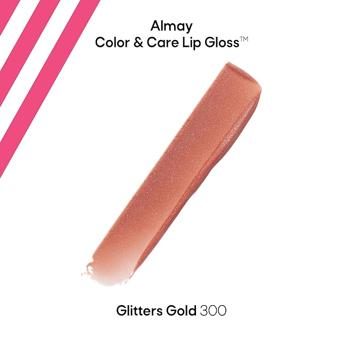 Almay Color & Care Hydrating Lip Gloss, Soft Natural Hues, Prebiotic Complex, Hyaluronic Filling-Sphere Technology, 300 Glitters Gold, 0.1 Fl Oz