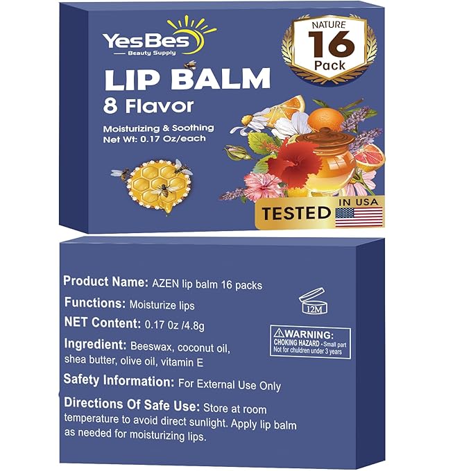 16 Pack Lip Balm, Natural Lip Flavors