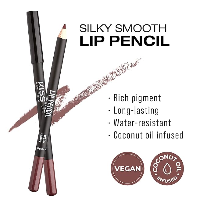 KISS New York Professional Slim Lip Pencil, Creamy Soft Lip Liner, Smooth Long-Lasting Rich Lip Color, Natural Lip Makeup, Water-Resistant Lip Crayon (Coffee)