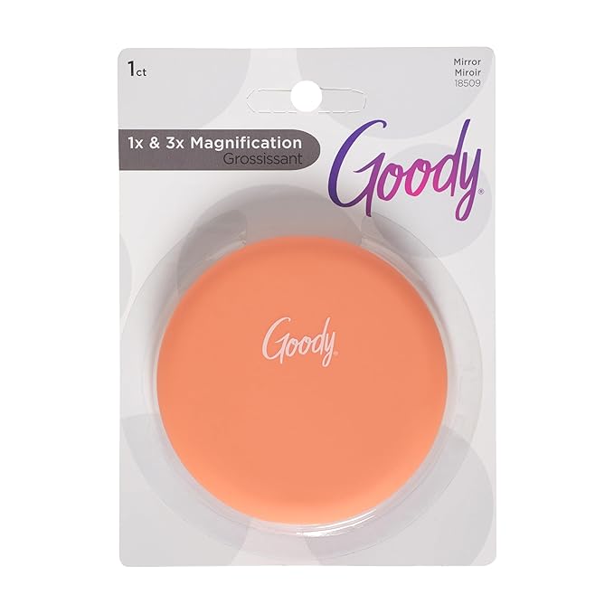 GOODY Compact Mirror - Coral, Double-Sided Easy-Grip Magnifying & Travel Makeup Mirror with 1X & 3X Magnification, Lightweight, On-The-Go Pocket & Purse Essentials