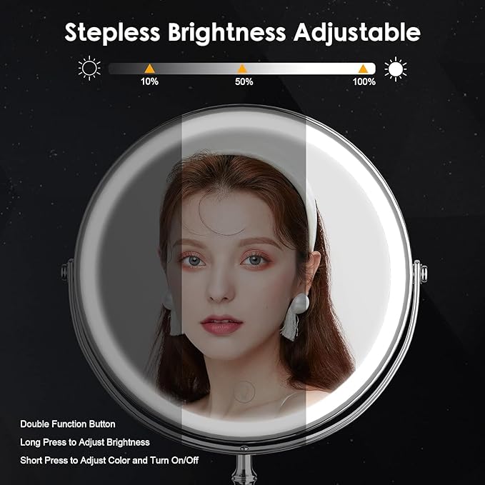 Lighted Makeup Mirror, 3000 mAh Rechargeable Double Sided Magnifying Mirror with 3 Colors, 1x/10x 360° Rotation Vanity Mirror, Brightness Adjustable Magnification Cosmetic Light up Mirror, Women Gift