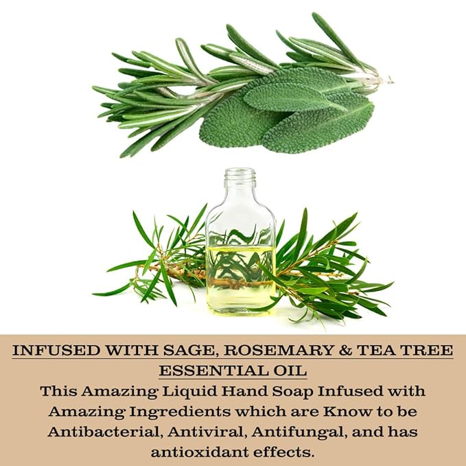 Olivia Care Hand Soap - Infused with Sage & Tea Tree Oil & Rosemary Mint Fragrance, Cleansing, Germ-Fighting, Moisturizing Hand Wash for Kitchen & Bathroom - 18.5 fl