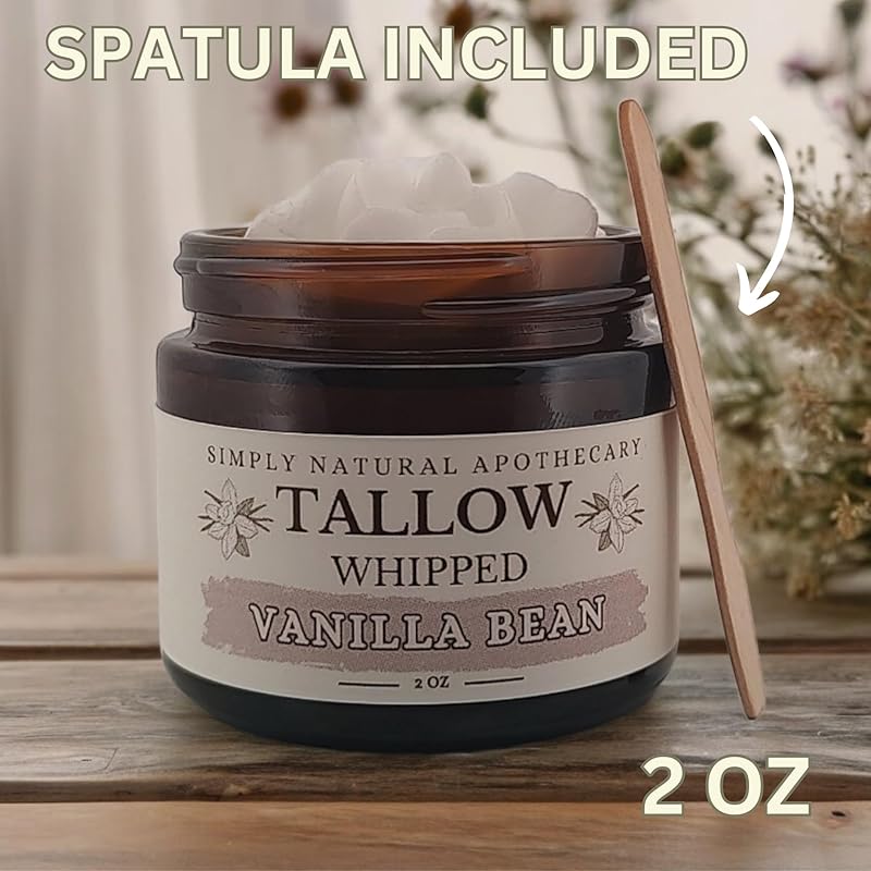 Beef Tallow for Skin Care, Face, Hands - Natural Moisturizer - Whipped - Organic Grass-Fed Beef Fat - Vitamins A, D, E, K - Dry Skin, Baby Diaper Cream - Hydrating - Warm Vanilla - 2 oz Jar