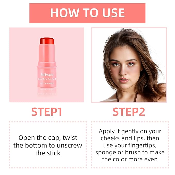Cooling Water Jelly Tint, Makeup Lip Tint Jelly Blush Stick, Jelly Blush Stick Lip Stain, Sheer Lip & Cheek Stain, 1,000+ Swipes Per Stick, Vegan, Cruelty Free, Buildable Watercolor Finish (Rose Pink)