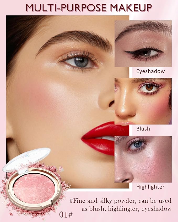 Baked Blush, Lighting Glow Marbleized Blush Powder Palette, Cruelty-Free Powder Blusher, Eyeshadow & Highlight for a Lightweight Shimmery Satin Face Makeup, Gift for Women (0.49Ounce)-01#Peachy