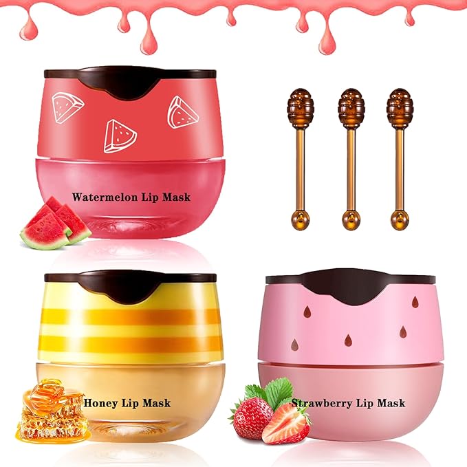 3PCS Bee Lip Balm Honey Pot Products(Honey+Strawberry+Watermelon)