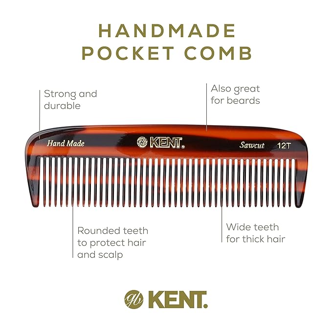 Kent 12T Wide Tooth Detangling Comb - 5.5" Handmade Pocket Comb for Thick, Curly, and Wavy Hair, Large Tooth Grooming Comb for Hair, Beard, and Mustache - Saw-Cut and Hand Polished
