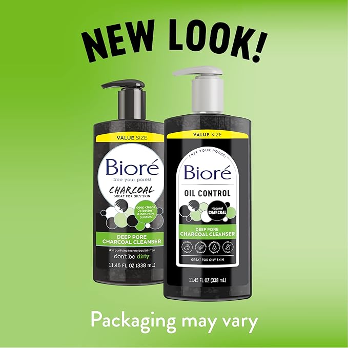 Biore Deep Pore Charcoal Face Wash, Daily Facial Cleanser for Dirt & Makeup Removal, for Oily Skin, 11.45 fl oz, Value Size (Pack of 2)