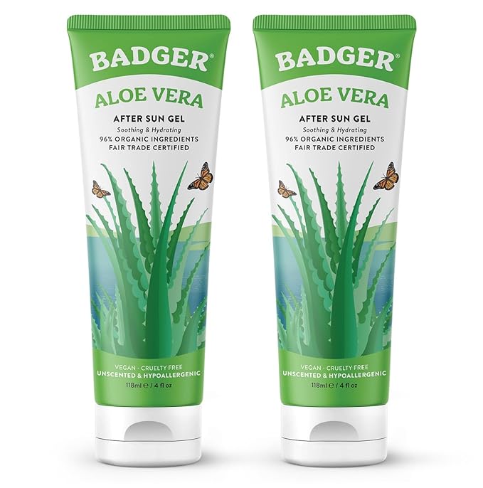 Badger Aloe Vera Gel for Sunburn Relief, Fair Trade & Organic After Sun Care, Pure Cooling Soothing Aloe Vera Gel for Face & Skin, Hypoallergenic & Unscented, 4 fl oz (2 Pack)