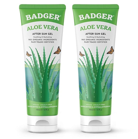 Badger Aloe Vera Gel for Sunburn Relief, Fair Trade & Organic After Sun Care, Pure Cooling Soothing Aloe Vera Gel for Face & Skin, Hypoallergenic & Unscented, 4 fl oz (2 Pack)