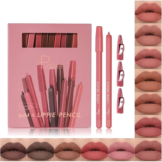 Pudaier Lip Liner Set, 12Pcs Matte Lip Liners with Sharpener, Premium Smooth and High Pigmented Creamy Lip Makeup Pencil