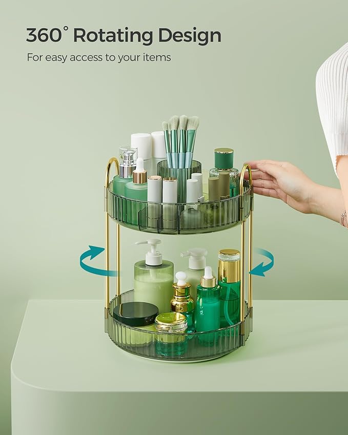 SONGMICS Makeup Organizer, 2-Tier Round Rotating Skincare Organizer Countertop, Customizable, Toiletries Vanity Organizer, Lazy Susan, Gift, Pale Green UJKA012C01