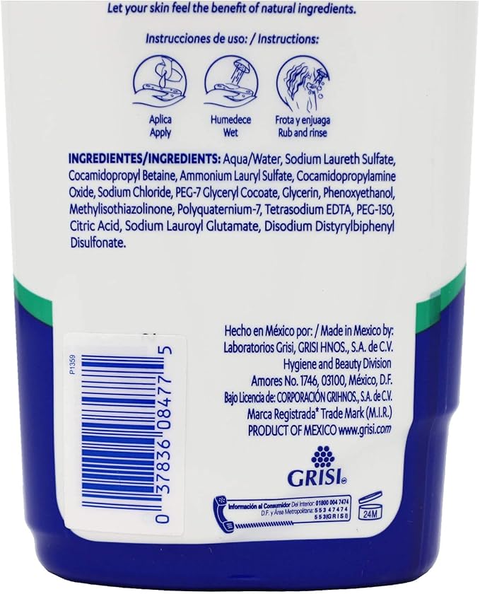 Grisi Neutral Shower Gel, Cleansing Shower Gel, Hypoallergenic, Sensitive Skin, Smother Skin, 2-Pack of 15.2 FL Oz, Bottles.