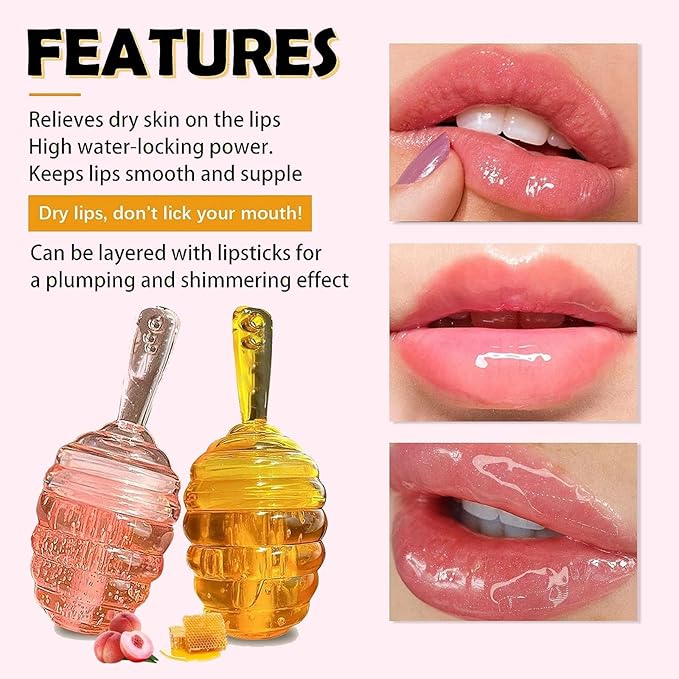 Honey Lip Oil Set, 2pcs Moisturizing Cute Lip Gloss Gift Set, Jelly Honey Lip Oil Gloss, Colorless Lip Care Oils For Very Dry Lips, Plumping & Hydrating Lip Glow Oil Lip Care Products
