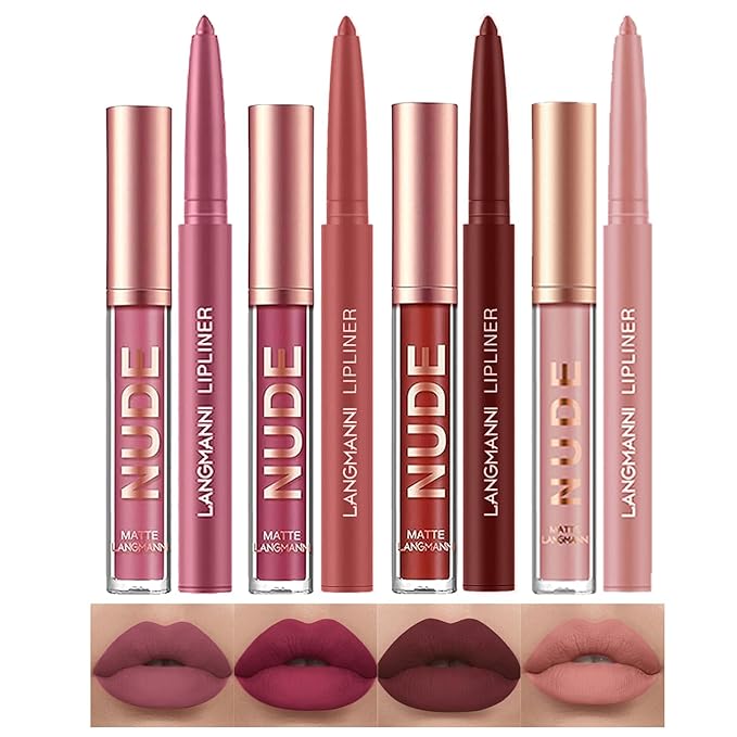 LANGMANNI 4pcs Matte Lipstick with Lipliners Durable Makeup Set,Long-Lasting Non-Stick Cup Not Fade Waterproof Pigmented Velvet Lipgloss Kit Beauty Cosmetics Makeup Gift for Girls(#2+4+6+8)