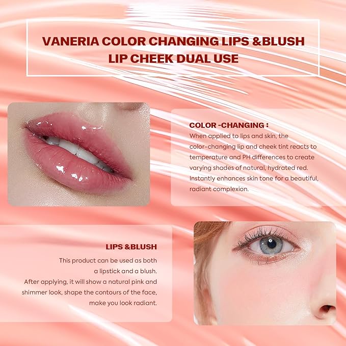 VANERIA Color Changing Blusher,Creme Blush Ph Temperature Change,Waterproof,Long with Brush(/0.14oz) 4g
