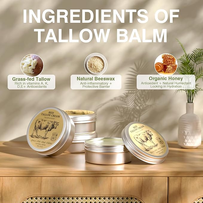 Beef Tallow for Skin, Tallow and Honey Balm,Tallow Face Moisturizer, Natural Grass-Fed Beef Tallow Balm with Raw Honey Moisturizing Cream for Body Lotion Skin Care