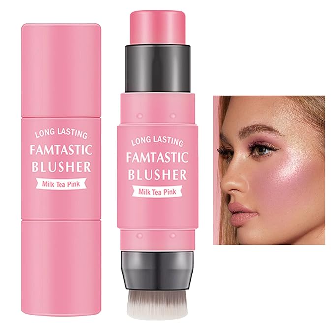 Waterproof Multi Cream Blush Stick with brush,Lightweight,Long-lasting,Easy To Tea Pink)