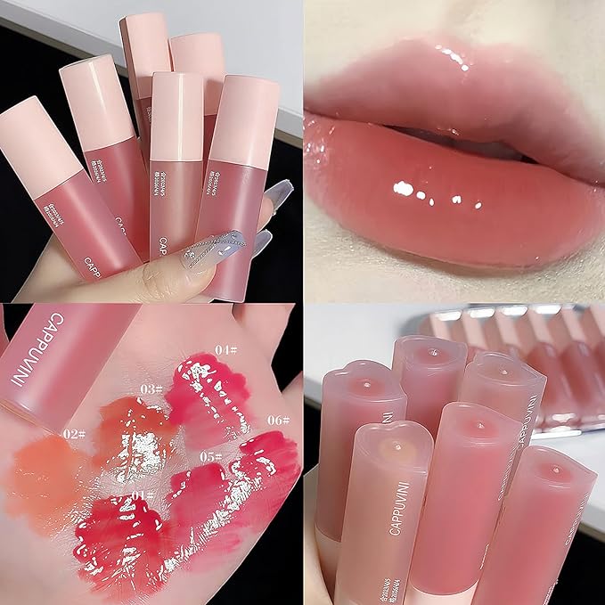 6Pcs Juicy Lasting Tint Lip Gloss Set, Vivid Color, Glossy Finish, Long-lasting Moisturizing Glaze Tint Highly-Pigmented, Clear & Natural Makeup Lip Tint for Daily