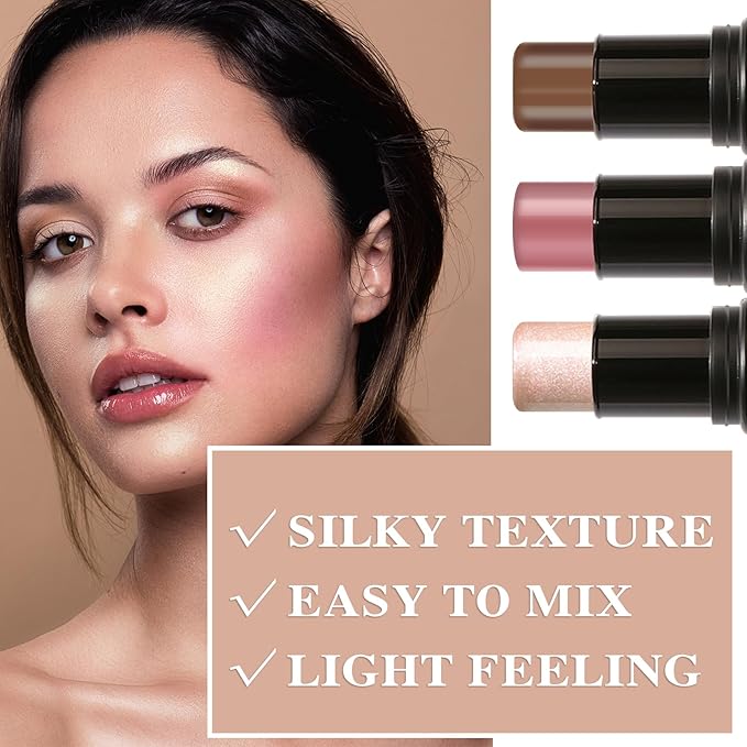 3P Cream Blush Stick with Brush,Waterproof Multi Cream Makeup F256