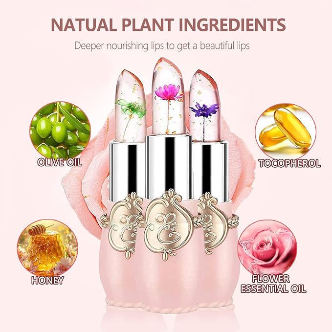 firstfly Pack of 6 Crystal Flower Jelly Lipstick, Long Lasting Nutritious Lip Balm Lips Moisturizer Magic Temperature Color Change Lip Gloss (Pink)