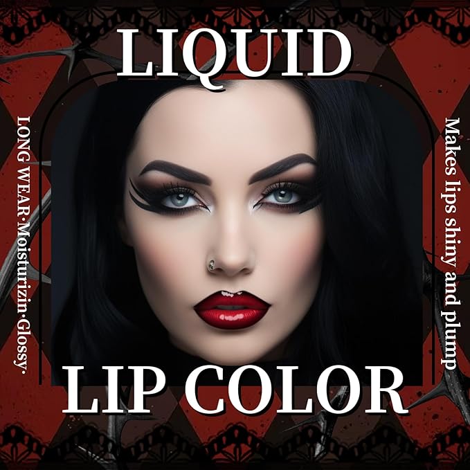 Vinyl Red Velvet Ink Liquid Lipstick with Black Lip Liner Gothic Lip Combo Halloween Makeup, Long Wear Waterproof Lip Gloss Non Sticky Moisturizing Lip Stain Tint Glossy Lip Color for Women