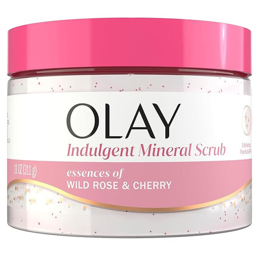 Olay Body Indulgent Mineral Scrub, Skin Exfoliating & Massaging Pearls, Nourishing Soft & Gentle Formula, Renewing BHA, Vitamin B3 Complex, Luxurious Fragrances, Wild Rose & Cherry Creme Scent, 11 oz