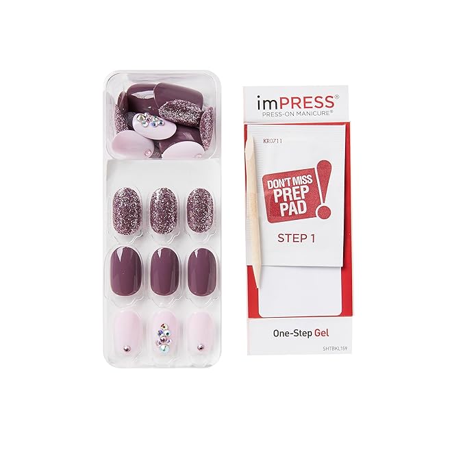 KISS imPRESS No Glue Mani Press On Nails, Design, 'Reset', Multicolor, Short Size, Oval Shape, Includes 30 Nails, Prep Pad, Instructions Sheet, 1 Manicure Stick, 1 Mini File