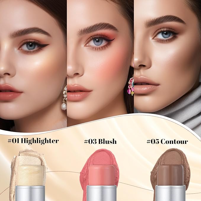 3 Pcs Cream Waterproof Blush Contour Highlighter Stick Finishing Makeup