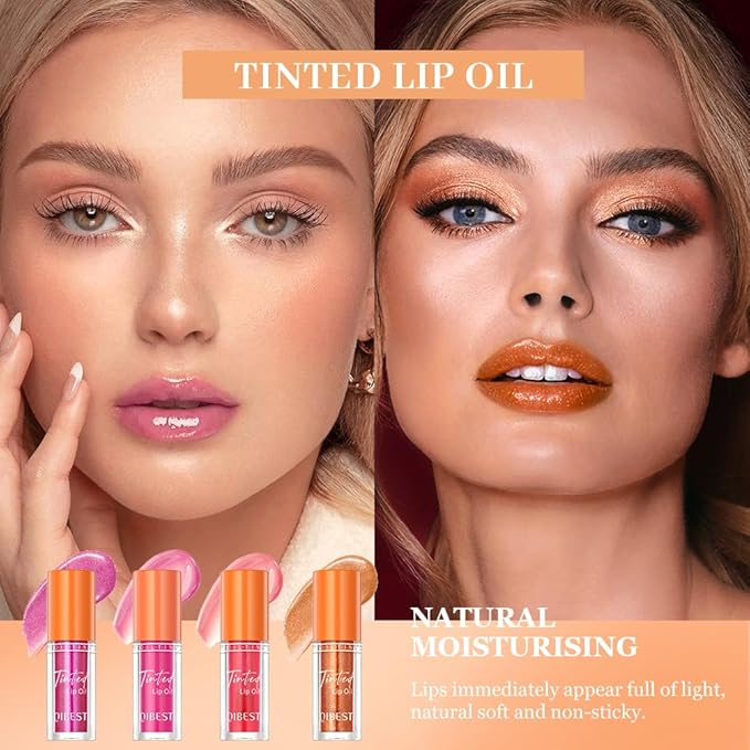 4 Colors Fat Lip Oil Drip,Lip Oil Lip Glaze Hydrating Lip Glow Oil Big Brush Head Moisturizing Lip Gloss,Shiny Transparent Lip Gloss Plumping,Clear Tint Shiny and Vegan,Moisturizing Non-Sticky (SET B)