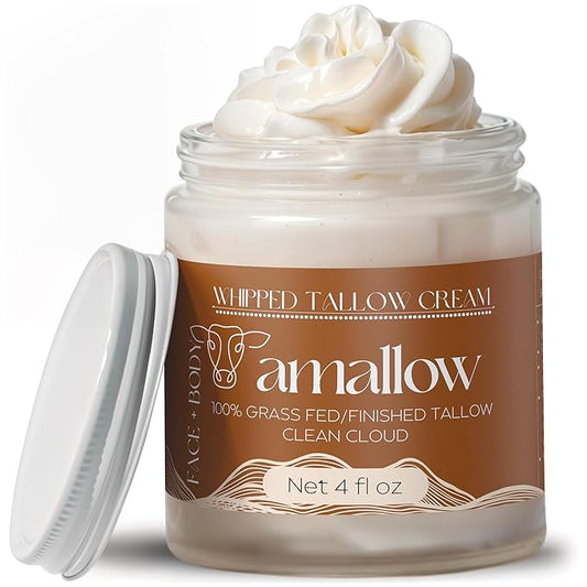 100% Grass Fed Beef Tallow for Skin Care - Face + Body - Whipped Moisturizer - Natural Lotion, 4 FL. oz. (Clean Cloud)