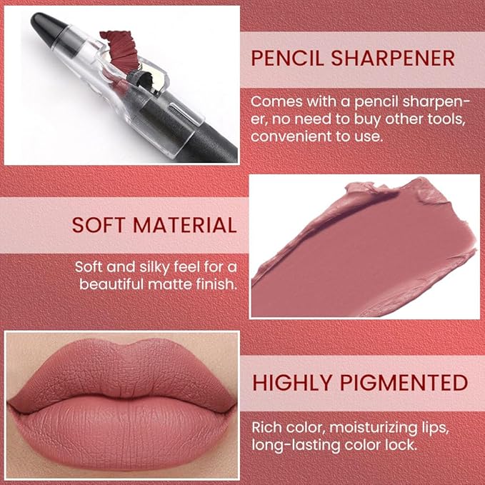 Spanish Pink Crayon Matte Lipstick Lip Liner Pencil, Moisture Smooth Lipstick Pencil, With pencil sharpener Sharpenable Lip Pencil, Ultimate Lip Crayon for Women Smudgeproof Waterproof 01#