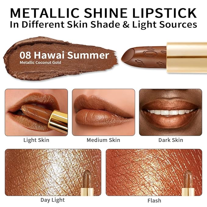Oulac Dark Brown Lipstick for Women with Metallic 3D Shine Lightweight Hydrating Formula, High Impact Lip Color, Vegan Beauty, Full Coverage Lip Makeup, Christmas Gifts for Women, Hawaii Summer(08)