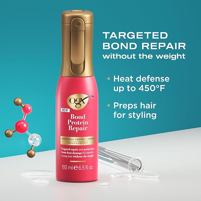 OGX Repair & Protect Bond Protein Repair 450°F Heat Protect Spray, Thermal Protection Spray for Targeted Damage Repair & Protection from Heat Damage, 6.5 fl. oz
