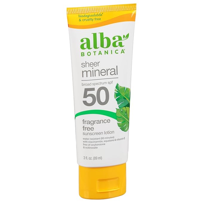 Alba Botanica Sheer Mineral Sunscreen Lotion, Broad Spectrum SPF 50, Fragrance Free, 3 fl oz