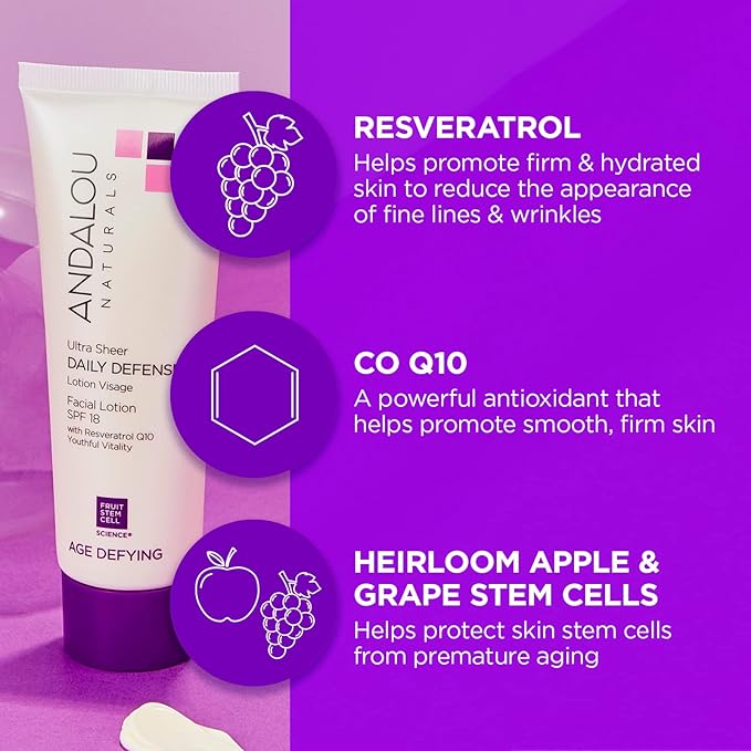 Andalou Naturals Ultra Sheer Daily Defense Facial Lotion, SPF 18, 2.7 oz, with Resveratrol CoQ10 and Antioxidants, Lightweight, Hydrating Facial Moisturizer