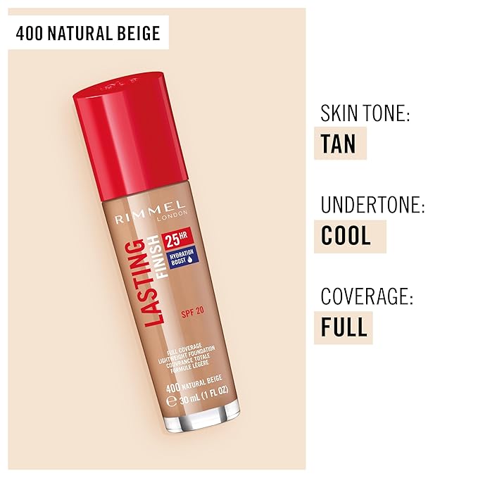 Rimmel London Lasting Finish 25HR - 400 Natural Coverage, Waterproof, 1oz