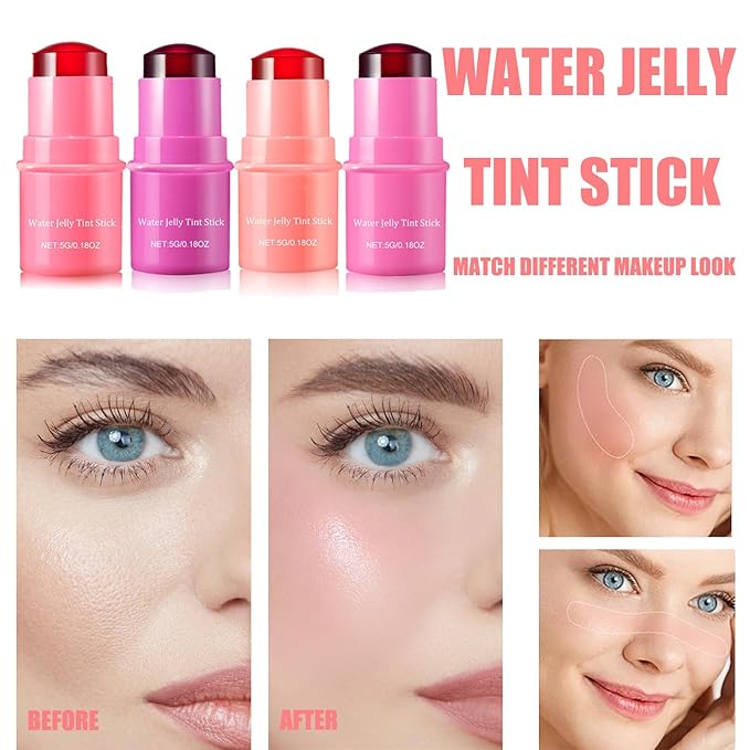 4PCS Milk Cooling Water Jelly Tint, Jelly Tint Makeup Jelly Blush Stick, Cruelty Free, Milk Jelly Blush, Blush Stick for Cheeks and Lips with Gift
