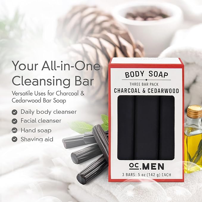 Olivia Care Activated Charcoal Cedarwood Bar Soap 3 Pack Set 100% Natural & Organic – For Face & Body - Deep Clean, Exfoliate, Moisturize & Hydrate - Amazing Masculine Fragrance - 3 X 5 OZ