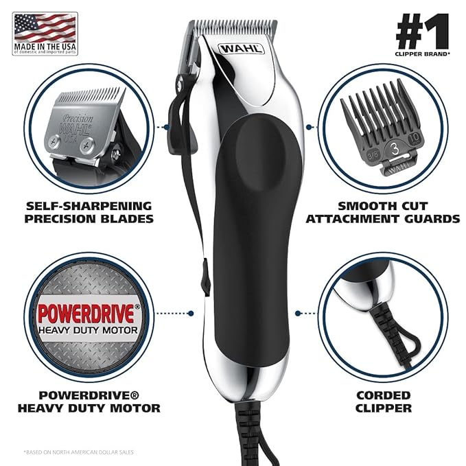 Wahl USA Chrome Pro Corded Clipper Complete Haircutting Kit for Men – Powerful Total Hair Clipping, Beard Trimming, & Grooming - Model 3024635
