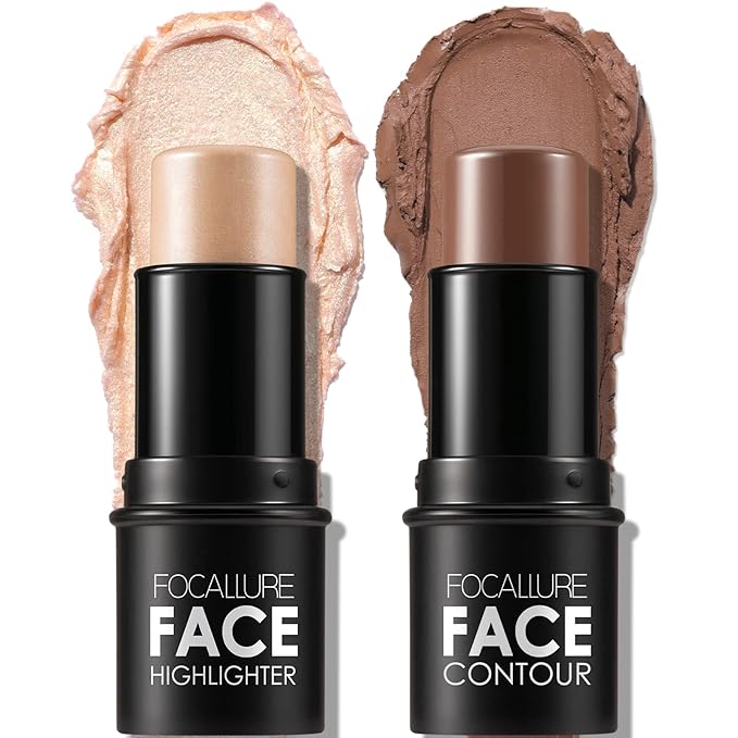 FOCALLURE 2 Pcs Mineral Cream Contour Stick,Moisturize Highlighter Illuminator Makeup,Tan
