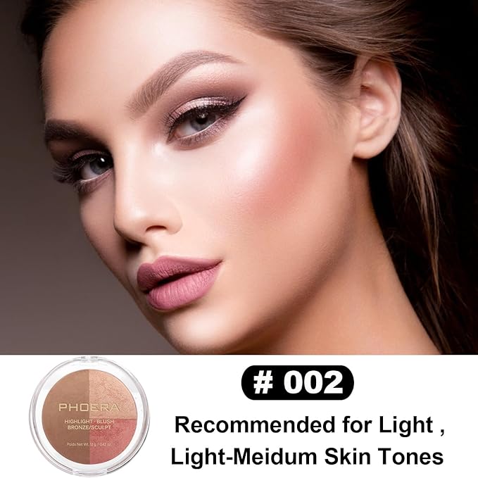 PHOERA Foundation, PHOERA Contour Palette,Shades with Highlighter & Contour/Nude+Warm peach+#002)