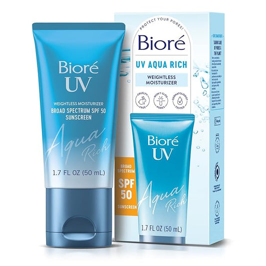 Biore UV Aqua Rich SPF 50 PA++++ Daily Moisturizer Sunscreen for Face, For Sensitive Skin, Oil Free, Hyaluronic Acid, Vegan, Oxybenzone & Octinoxate Free, Dermatologist Tested, 1.7 Oz