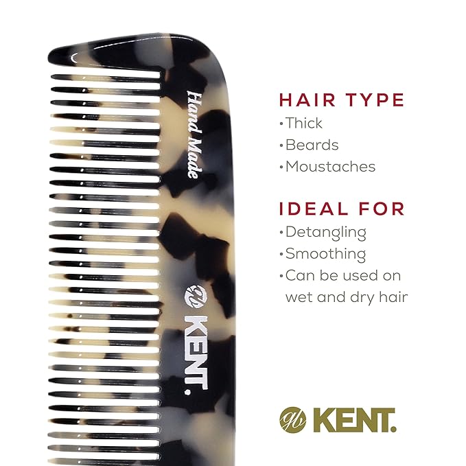 Kent 12T TW Wide Tooth Detangling Comb - Handmade Large Pocket Comb for Thick, Curly, and Wavy Hair Grooming - Saw-Cut Beard and Mustache Comb